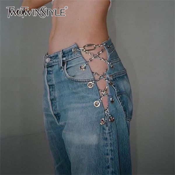 

twotwinstyle full length pants high wiast patchwork chains hit color straight vintage jeans for female clothing fashion new lj200811, Blue