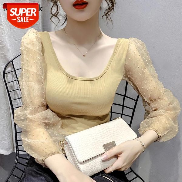

fashion patchwork long sleeve shirt women korean mesh ladies and blouses 2021 o-neck cotton office women blouses 11264 #ak6x, White