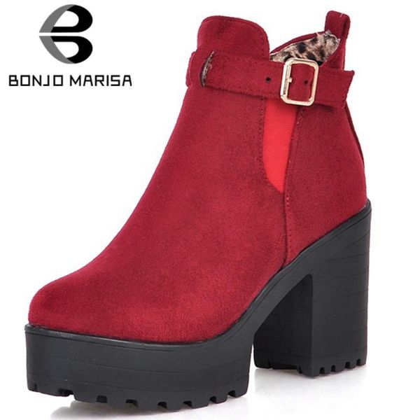 

bonjomarisa female flock buckle block heel ankle boots platform brand solid fashion boots women leisure casual shoes woman, Black