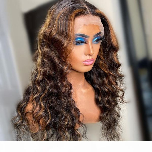 

13x6 highlight loose curly lace front human hair wigs for black women 180% highlight blonde curly lace wig brazilian remy pre plucked, Black;brown
