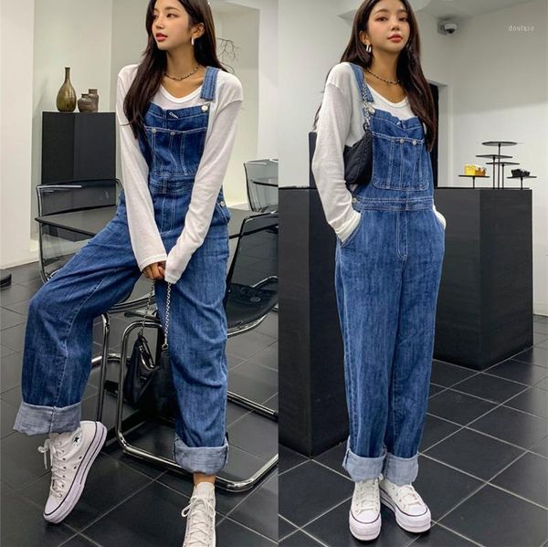 

winter fall new leisure women denim jumpsuits loose soft long denim jeans overalls design1, Blue