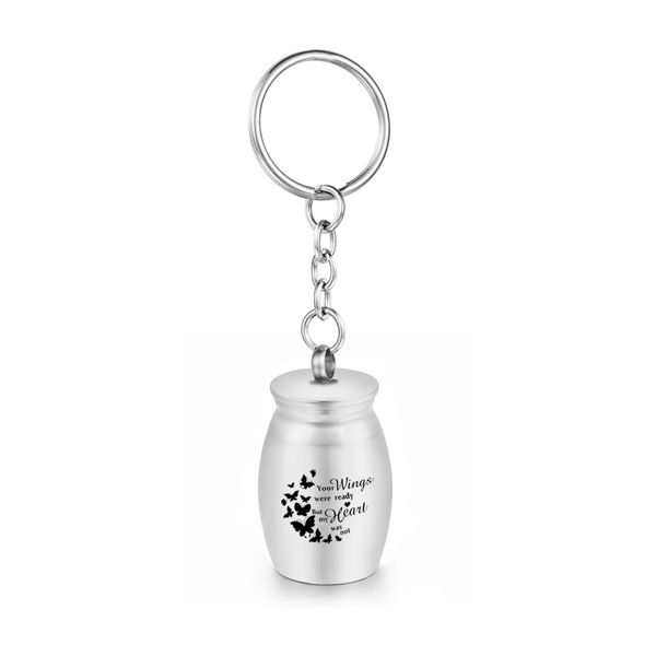 

16x25mm aluminum alloy cremation urn keychain engraved with butterflies mini memorial urn funeral jar with fill kit, Silver