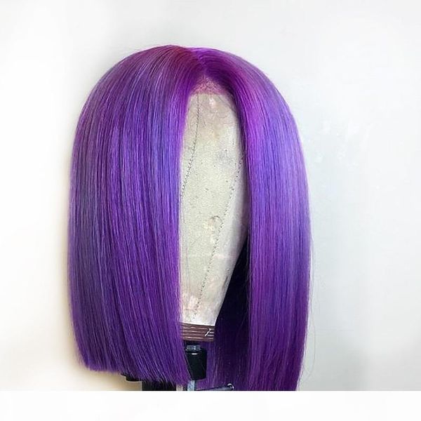 

purple lace front wig human hair colored short bob cut pre plucked short straight virgin peruvian full lace purple bob wigs bleached knots, Black;brown