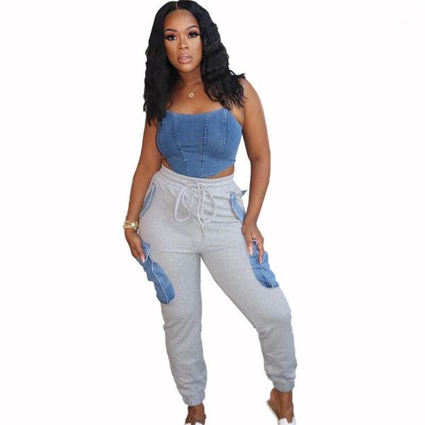 

women's pants & capris pd women's casual cargo elastic waist color block patchwork jogger pockets pantalones mujer cintura alta1, Black;white