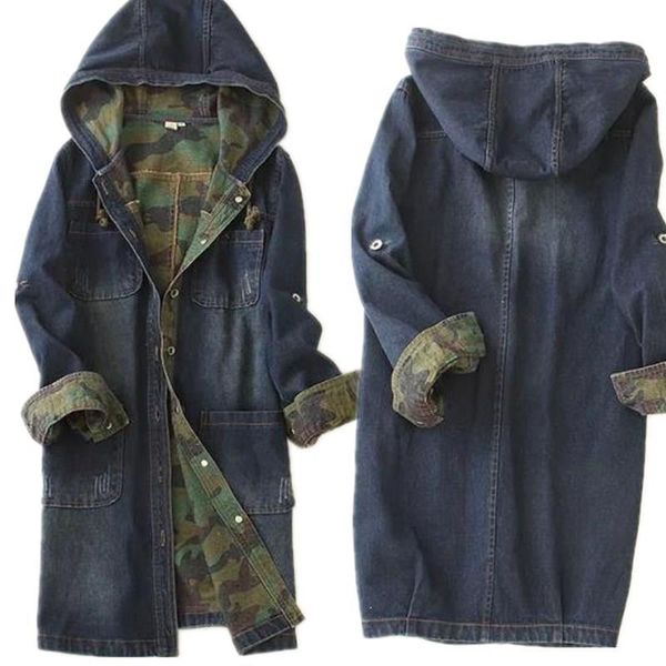

single-breasted long denim hooded jacket camouflage women denim jacket spell color drop shipping good quality, Black;brown