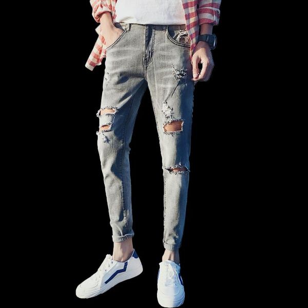 

jeans men vintage ripped skinny holes trousers pencil pants solid stretch casual straight denim high streetwear male jeans man, Blue