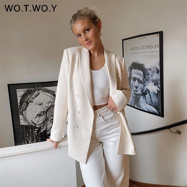 Wotwoy 2020 Sólida Escritório Senhora Blazers Mulheres Outono Branco Casacos Breasted Dupla Casacos Femininos Forma Formal Longa Casaco Mulher Bolsos LJ200911