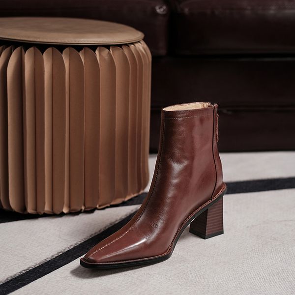 

2021 new women toe genuine leather ankle autumn winter square high heel zipper ladies short boots size34-39 d7i1, Black