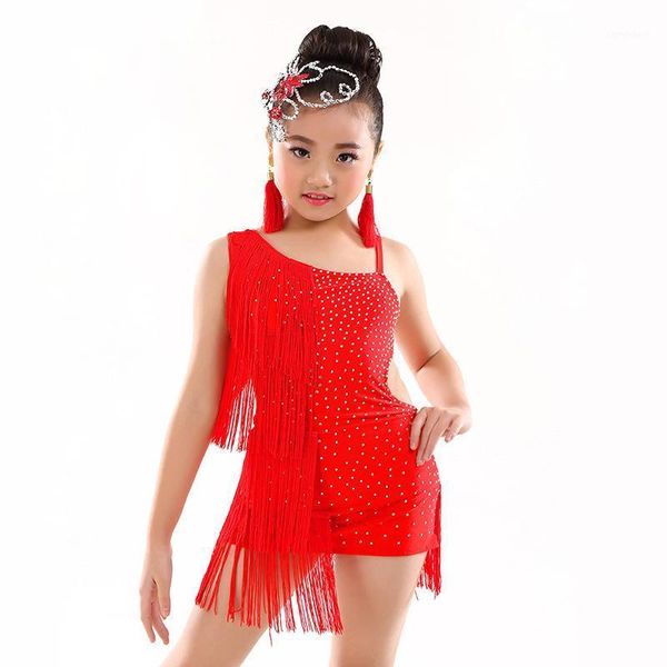 

stage wear 6-12 years children dance dress one piece girls latin dresses beads fringe ballroom for kids1, Black;red