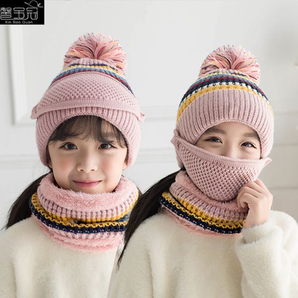 

2020 winter add velvet and matching color children's knitted cap scarf mask three-piece set for cycling, warm and thickened wool hat, Yellow