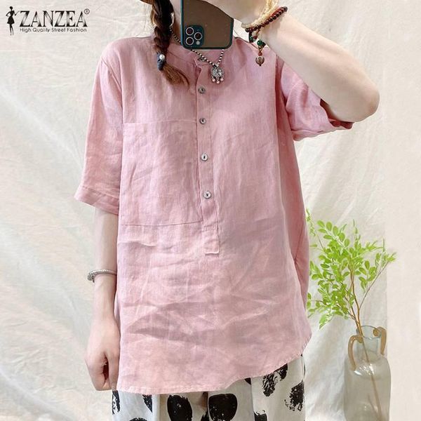 

vintage women's button down blouses 2020 zanzea summer shirts casual short sleeve blusas female o neck solid tunic plus size, White