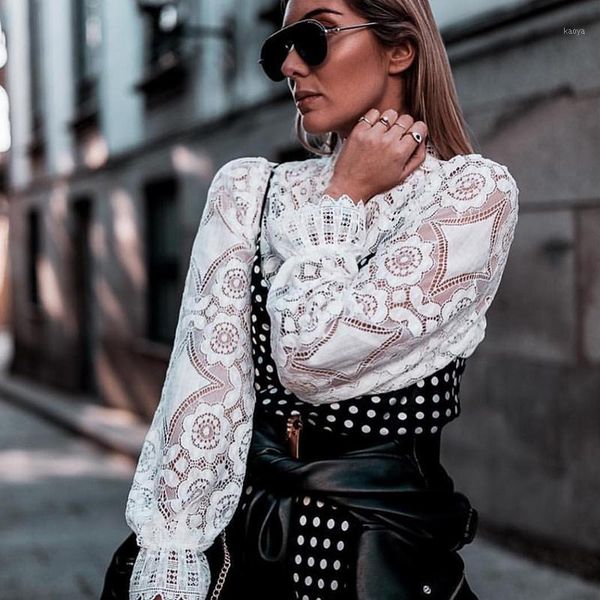 

women hollow out stand collar lace blouse office ladies long sleeve solid blouse and 2020 summer casual elegant shirt1, White