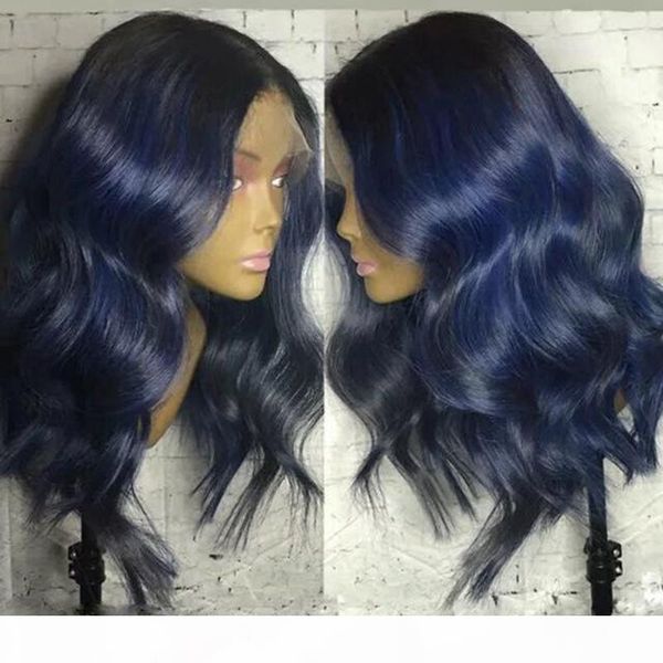 

ombre blue natural wave heat resistant hair 16inch women wedding party synthetic lace front daily wigs with baby hair curly wigs, Black
