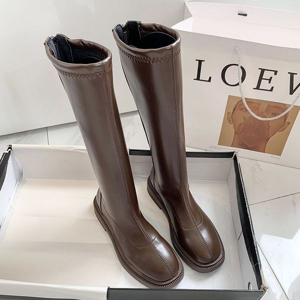 

inverno elegante 2020 feminino coxa alta longa planas pele quente saltos baixos na altura do joelho couro macio botas de 1w3i, Black
