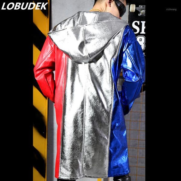 

men's fur & faux pu leather hoodie jacket cloak splicing colors overcoat loose long coat singer dancer rock hip hop stage costume1, Black