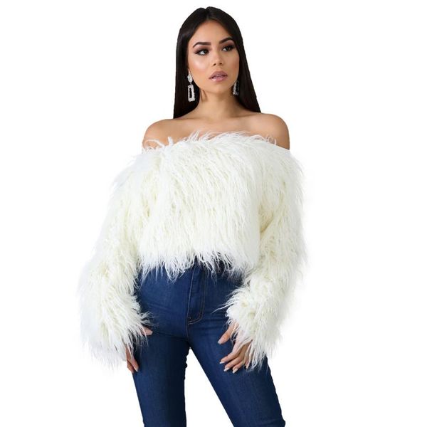 

women's fur & faux 2021 spring autumn women fashion black white crop long sleeve slash neck short outwear fake clothes mujer