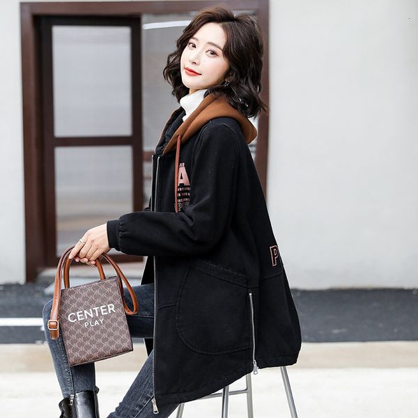 

mom 2021 new wool clothes denim printed contrast shredded korean fashion mid-length trench coat bh3d, Black;brown