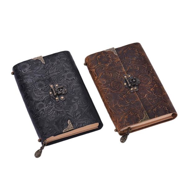 

notepads soft embossed pattern leather travel notebook with lock and key diary notepad kraft paper for travelers sketching & writing, Purple;pink