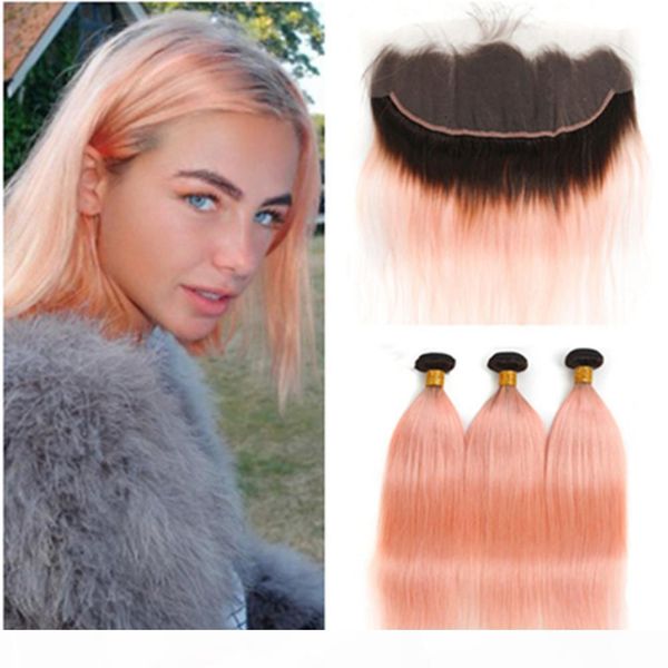 

peruvian human hair rose pink ombre straight weave bundles with frontal #1b rose gold ombre lace frontal closure 13x4 with weave wefts, Black;brown