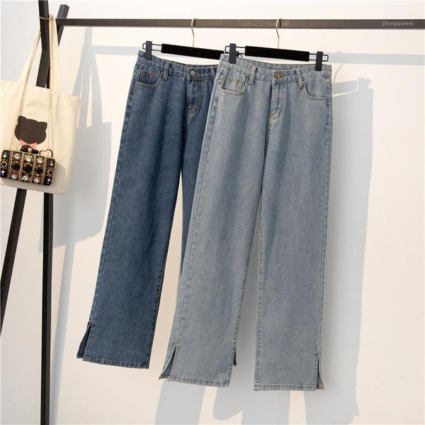 

2020 autumn new product large size loose wide leg pants high waist slim straight leg jeans women's slit pants comfortable women1, Blue