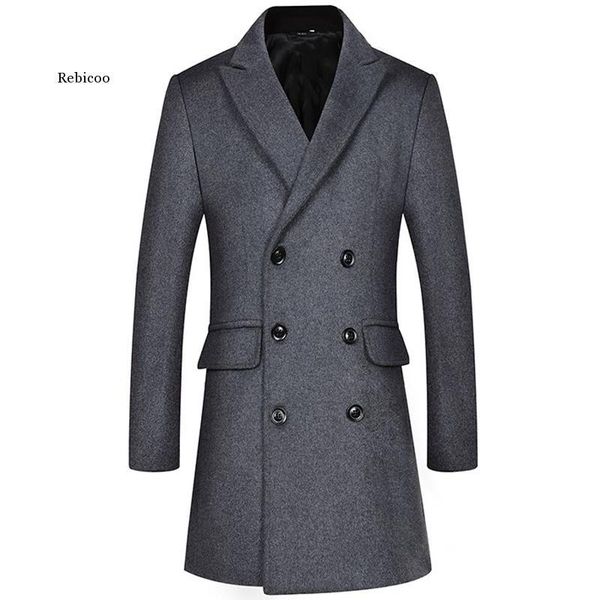 

winter 37% wool men thick coats double breasted classic turn down collar male fashion wool blend jackets trench, Black