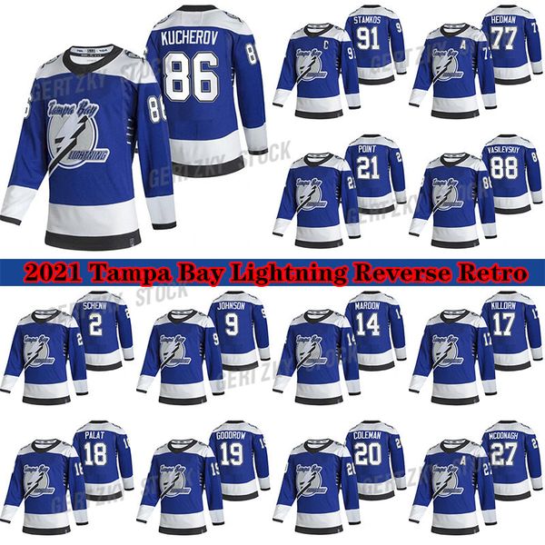 

tampa bay lightning 2020-21 reverse retro jersey 91 steven stamkos 86 nikita kucherov 77 victor hedman 21 point 88 vasilevskiy hockey jersey, Black;red