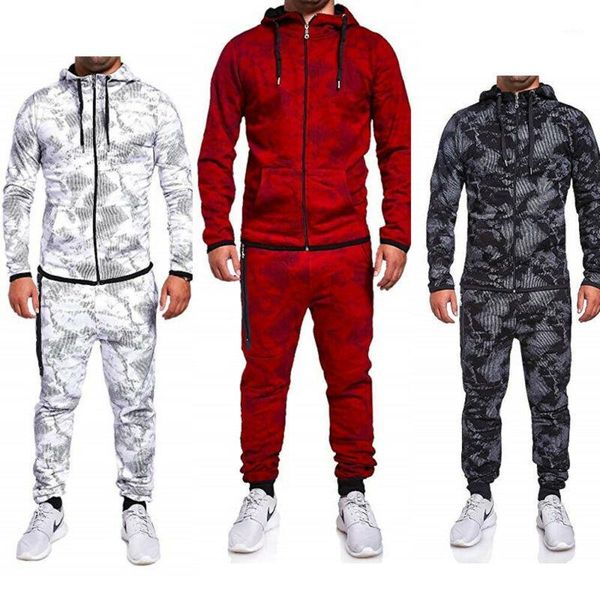 

autumn winter mens casual tracksuit set long sleeve hoodie sweatshirt slim fit sweatpants joggers white red black1, Gray