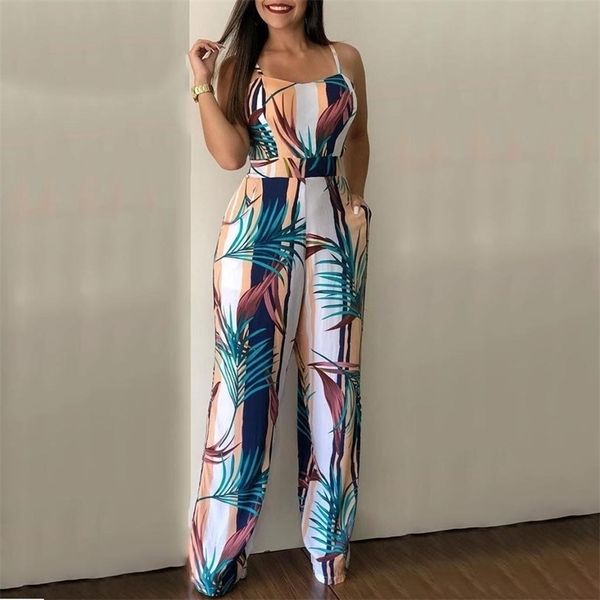 

jumpsuit women's sling high waist jumpsuit women sleeveless leaf print jumpsuit casual clubwear wide leg playsuit casual summer y200904, Black;white