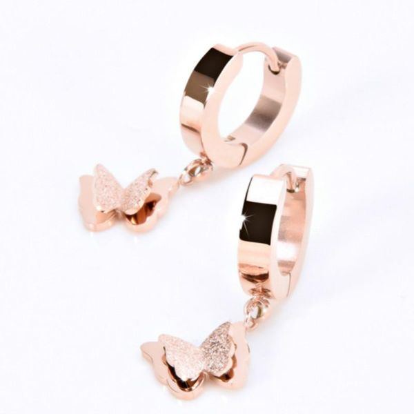 

charm cute matte double butterfly earrings rose gold color stainless steel ear piercing jewelry for women gift 2021, Golden