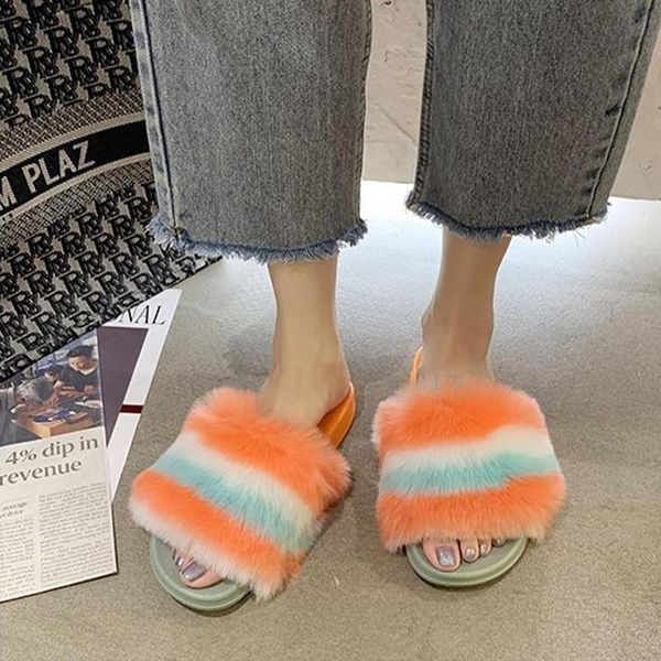 

2020 women's fur home slippers fur slides woman plush mixed color slide ladies indoor slippers dropshipping wholesale, Black