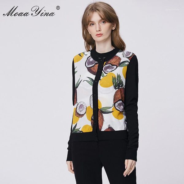 

moaayina fashion spring autumn long sleeve knitting women's elegant coconut fruit print silk wool sweater1, White