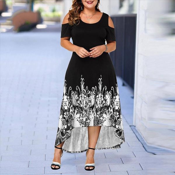 

evening party summer plus size maxi dress women 5xl 2020 short sleeve floral printed elegant large dress for ladies vestidos, Black;gray