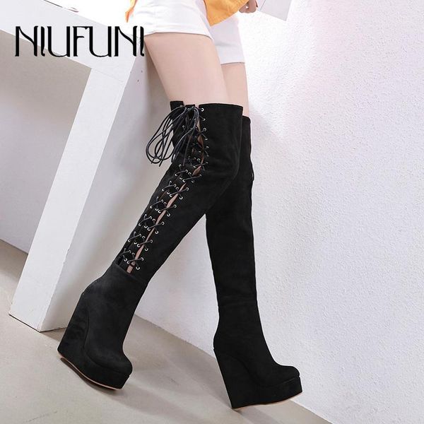

boots fashion solid color wedges women's waterproof platform cross straps high heels nightclub party over the knee boots1, Black