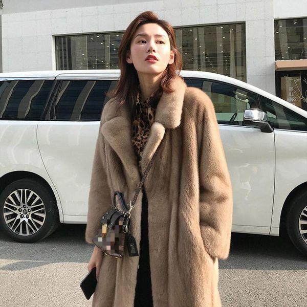 

women's fur & faux winter coat turn down collar loose warm plush fake long jacket lady outwear overcoat, Black