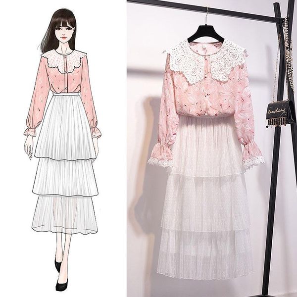 

spring flare full sleeve chiffon print blouse shirt cute mid-calf layered skirt 2 piece set women sweet suits1, White