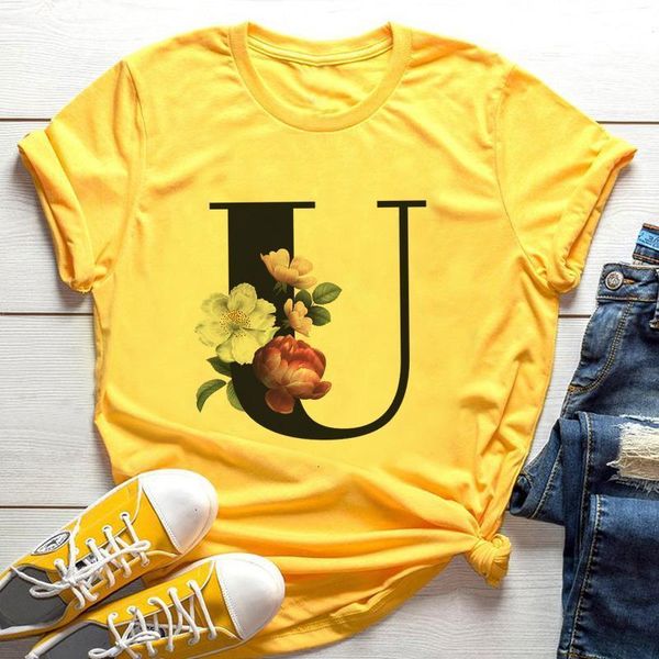 

2020 new fashion 26 english alphabet print yellow tshirt summer harajuku casual t shirt women couples lovers female t-shirt, White
