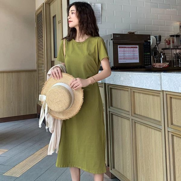 

2020 solid dress vintage style high waist plus size dress loose casual round neck short sleeve dresses1, Black;gray