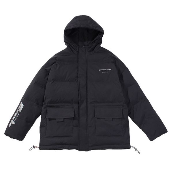 

windbreaker men reflective printed jacket winter men warm thicken colorful cotton hooded puffer couple oversize coat c1212, Black
