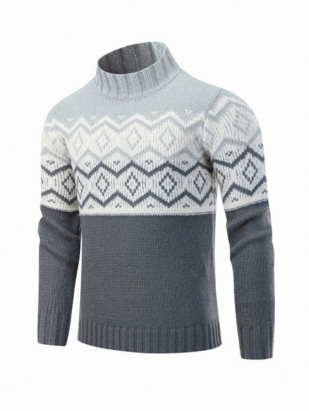 

men argyle & chevron pattern mock neck sweater g3tk#, White;black
