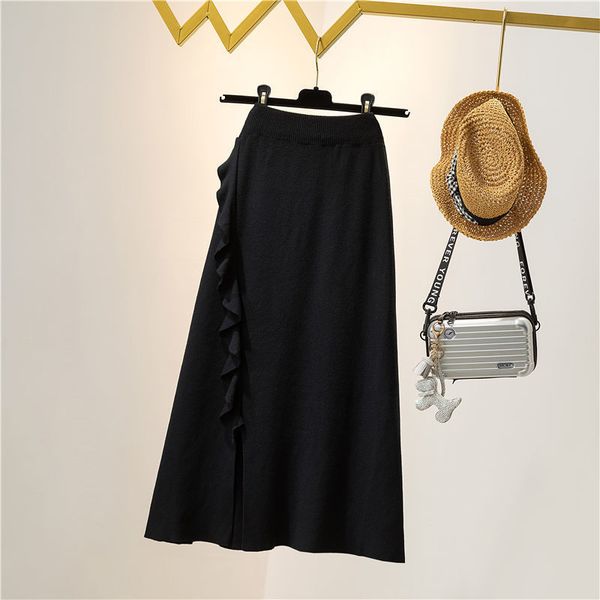 

2021 new ruffled women knitted and crocheted long a line autumn thick winter sweater midi skirt femme phallus y316 y0i7, Black