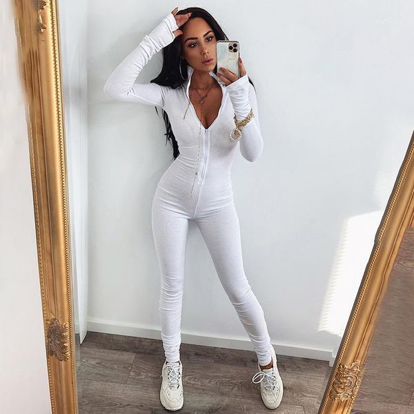 

solid women's bodysuits autumn women solid color ruffle stand collar long sleeves zipper open form fitting pleated jumpsuits1, Black;white