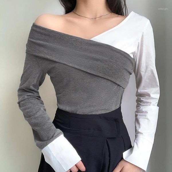 

crop woman women long sleeve v neck off shoulder color block blouse slim t-shirt blusas vintage shirt 20201, White