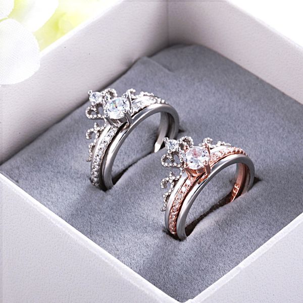 

925 sterling silver queen style crown ring female opening creative inlaid zircon diamond wedding rings fashion luxury jewelry for lover gift, Slivery;golden