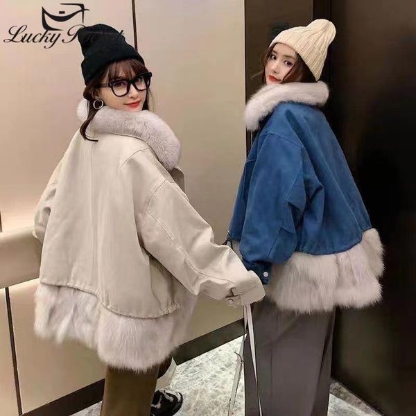 

women winter new fashion spliced thick warm large real fur collar coat female loose fur leather ladies coats ml766, Black