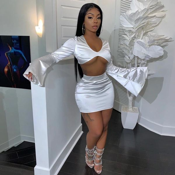 

women solid color outfits 2 pcs flare long sleeve u-shaped neck crop + high waist skirt, Gray