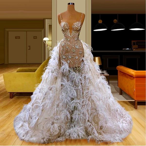 

feathers see through overskirt evening dresses spaghetti straps beads sequins illusion mermaid prom dress celebrity party gowns, Black;red