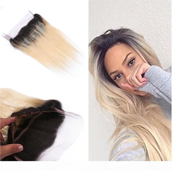 

ombre 360 lace frontal closure with bundles t1b 613 blonde brazilian straight hair with 360 lace band frontals dark roots virgin human hair, Black;brown