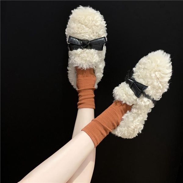 

loafers fur winter shoes women bow-knot platform slip-on modis casual female sneakers round toe butterfly creepers new, Black