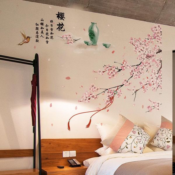 

121*85cm cherry blossom wall stickers flower living room bedroom wall decals retro poster decoration self adhesive wallpaper