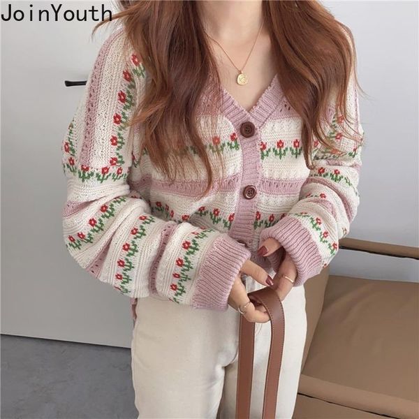 

joinyouth sweaters for women korean kawaii flower knitted cardigan loose women cardigan 2021 japanese coats pink cardigans, White